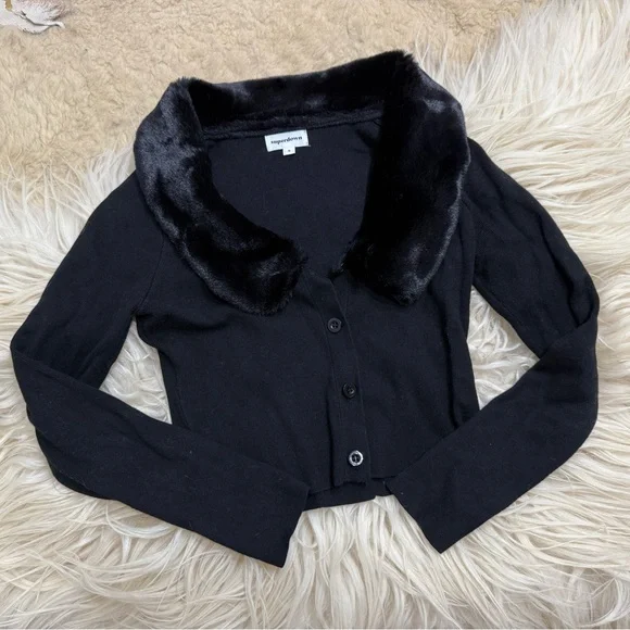 Superdown Revolve Black Elaney Fur Trim Sweater Cardigan - Picture 1 of 10